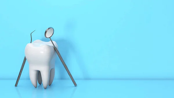 Tooth and dental instrument. Dental mirror and hook with teeth on a blue background. Copy space for text. 3d render