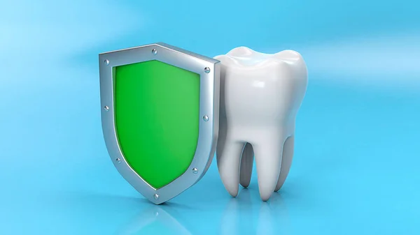 Dente e escudo. Protecção dos dentes. Renderização 3d — Fotografia de Stock