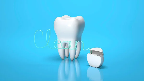 Fio dental na forma da palavra LIMPEZA e dente sobre um fundo azul. Renderização 3d — Fotografia de Stock