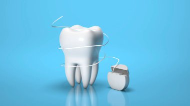 Diş ipi mi? Dişlerini fırçalıyorsun. Mavi arka planda diş ipi ve diş ipi. 3d hazırlayıcı