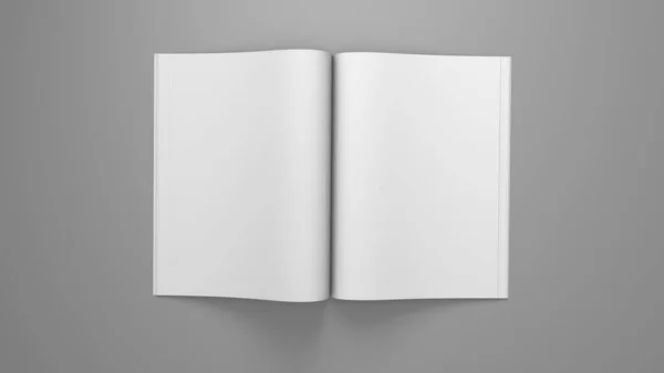 Mockup de revista aberta. Modelo de revista em branco para espaço de cópia. Espaço vazio na revista. Fundo cinzento. Renderização 3d — Fotografia de Stock