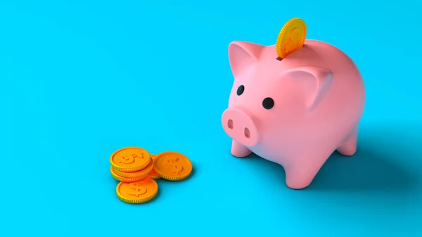 Piggy bank with coins on a blue background. Saving money. Coins fall into the piggy bank. 3d render