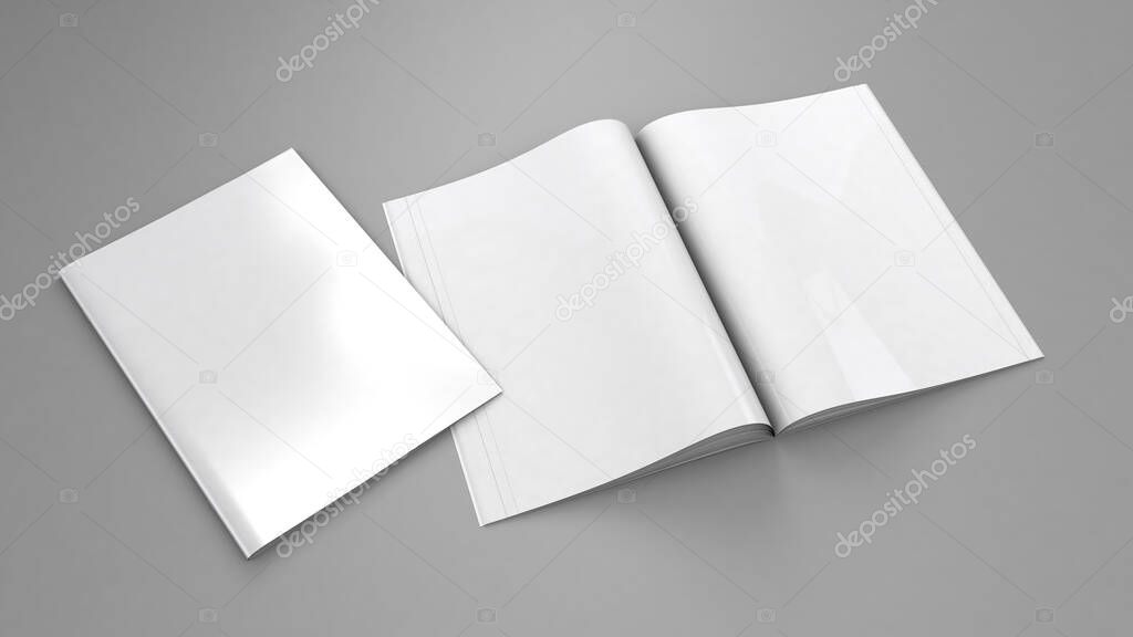 Open magazine mockup. Blank magazine template for copy space. Empty space in cover. Grey background. 3d render