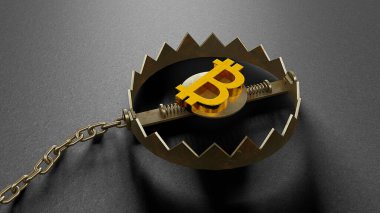 Bitcoin tuzak kurmuş. Riskli yatırım. Siyah arka plan. 3d hazırlayıcı