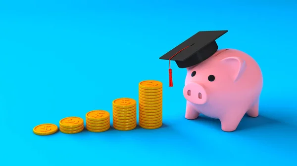 Дорогое образование. Монеты со стопкой ступенек и копилка в выпускной кепке на синем фоне. Экономия на образование. 3D рендеринг — стоковое фото