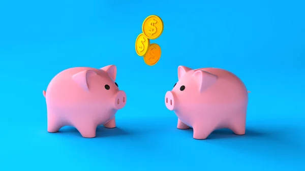 Partilha de lucros por porquinhos. Dois bancos piggy cor-de-rosa com dinheiro das moedas de ouro em um fundo azul. Renderização 3d — Fotografia de Stock