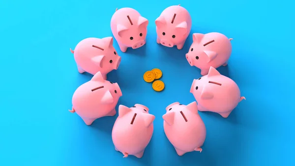 Piggy banken in een cirkel in de buurt van geld munten op een blauwe achtergrond. Winstdeling. Bovenaanzicht. Scheiding van aanhechtingen. 3d renderen — Stockfoto