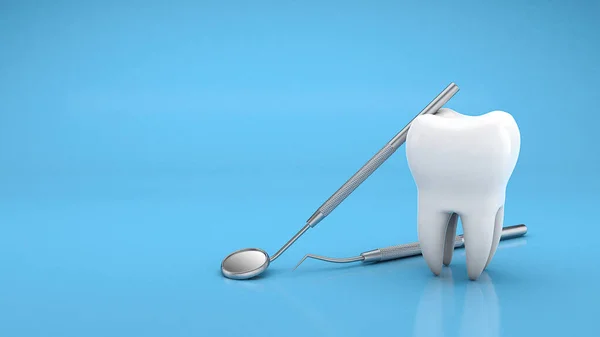 Zubní a zubní zrcátko s háčkem. Zubařské nářadí. Zkopírovat místo pro text na modrém pozadí. 3D vykreslení — Stock fotografie