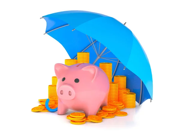 Salvadanaio rosa con monete sotto un ombrello blu su uno sfondo bianco isolato. Concetto di assicurazione o di tutela del risparmio. rendering 3d — Foto Stock