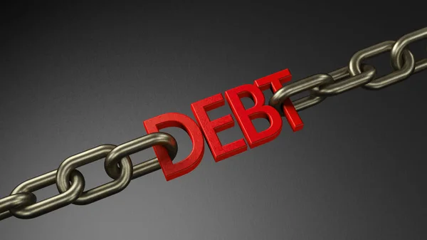 Cadena con eslabón de cadena en forma de palabra DEBT en rojo. El concepto de deuda se está conteniendo y encarcelando. 3d renderizar — Foto de Stock