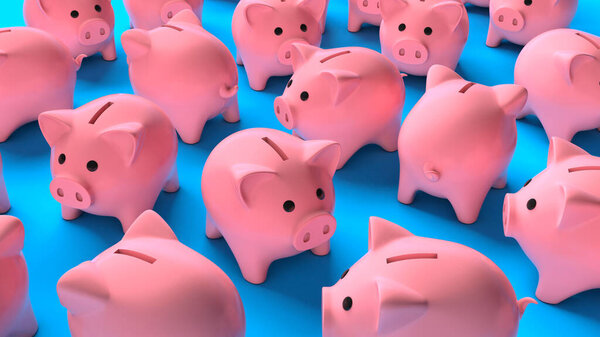 Crowd of pink piggy banks on a blue background. 3d render