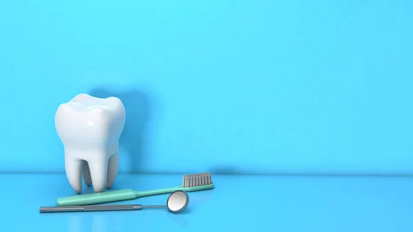 Instrumento dentário e dentário. Espelho dental e escova de dentes com dentes em um fundo azul. Copiar espaço para texto. Renderização 3d — Fotografia de Stock