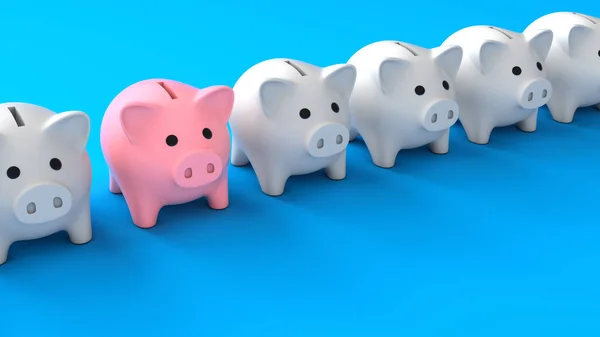 Piggy bankleider. Witte spaarbanken en een roze spaarvarken. Blauwe achtergrond. 3d renderen — Stockfoto
