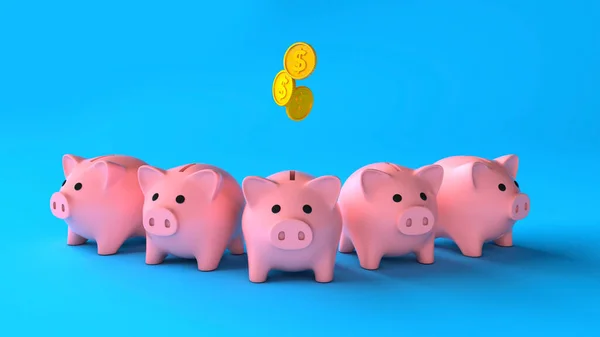 Winstdeling door spaarbanken. Roze spaarvarken banken met gouden munten geld op een blauwe achtergrond. Hoe om geld te besparen. 3d renderen — Stockfoto