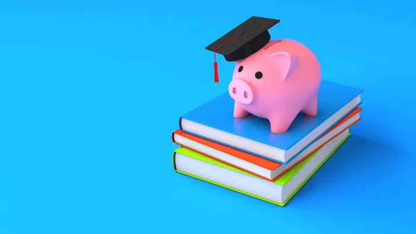 Пигги-банк в шляпе выпускников. Концепция экономии на образование, дорогой университет. 3D рендеринг — стоковое фото