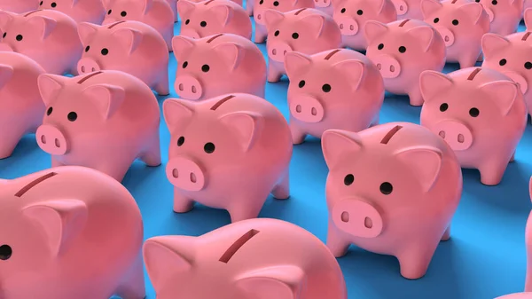 Een menigte van roze varkensbanken op een blauwe achtergrond. 3d renderen — Stockfoto