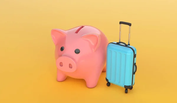Pink piggy bank with a blue suitcase on yellow background. 3d render — Stock Photo, Image