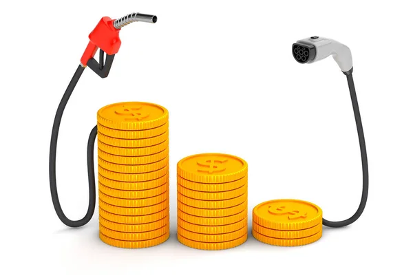 Combustible caro y barato. Bomba de combustible y enchufe para vehículos eléctricos con monedas de oro. aislado sobre fondo blanco. 3d renderizar — Foto de Stock