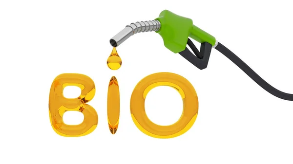 Les biocarburants. Pompe à carburant avec une goutte sous la forme du lettrage BIO. isolé sur fond blanc. 3d rendu — Photo