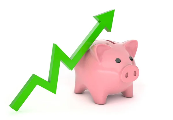 Piggy Bank e seta verde para cima. Gráfico de crescimento da poupança. isolado em fundo branco. Renderização 3d — Fotografia de Stock