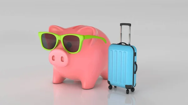 Piggy bank in sunglasses and a suitcase. Vacation savings concept. 3d render — Stock Photo, Image