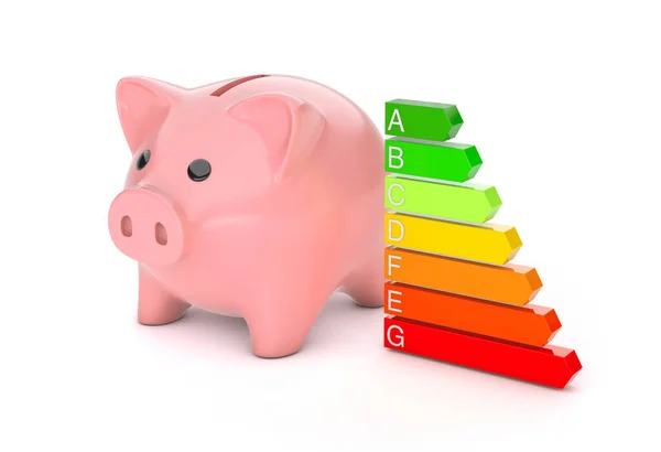 Piggy Bank en energie-efficiëntie rating. Gekleurde pijlen grafiek. geïsoleerd op witte achtergrond. 3d renderen — Stockfoto