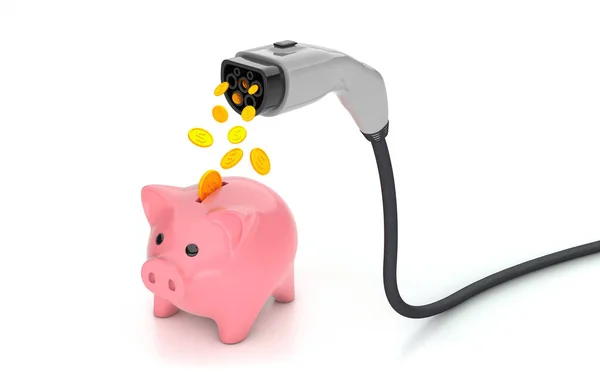 Coins fall into the piggy bank from the plug for charging electric car. Economy fuel concept. isolated on white background. 3d render — Stock Photo, Image