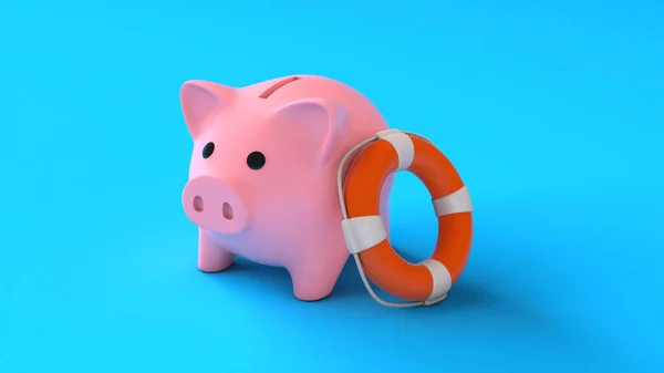 Savings insurance. Piggy bank with lifebuoy on a blue background. Help in saving money. 3d render — Stock Photo, Image