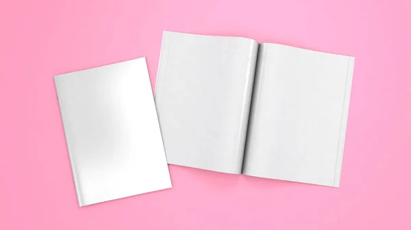 Mockup de revista aberta. Modelo de revista em branco para espaço de cópia. Espaço vazio na cobertura. Fundo rosa. Renderização 3d — Fotografia de Stock