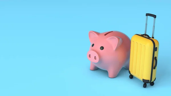 Pink piggy bank and yellow suitcase on a blue background. Vacation money saving concept. Budget tourism. Copy space for text. 3d render — Stock Photo, Image