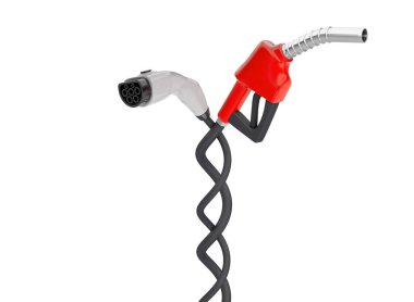 Beyaz arka planda izole edilmiş elektrikli araba şarjı için yakıt pompası ve fişi. 3d hazırlayıcı