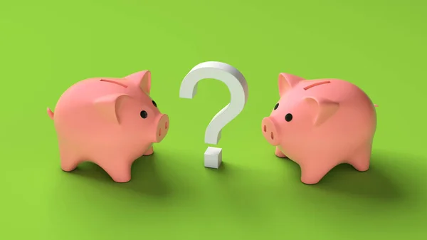 İki domuz kumbarası ve yeşil arka planda bir soru işareti. Biriktirme seçeneği. 3d hazırlayıcı — Stok fotoğraf
