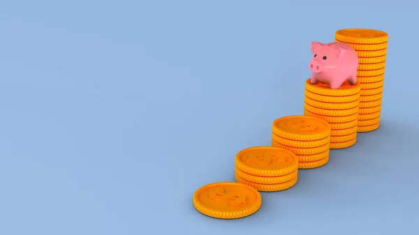 Varkensbank en stapels munten. Besparingen groei concept. Blauwe achtergrond. Kopieer ruimte voor tekst. 3d renderen — Stockfoto