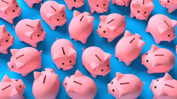 Een menigte van roze varkensbanken op een blauwe achtergrond. Bovenaanzicht. 3d renderen — Stockfoto