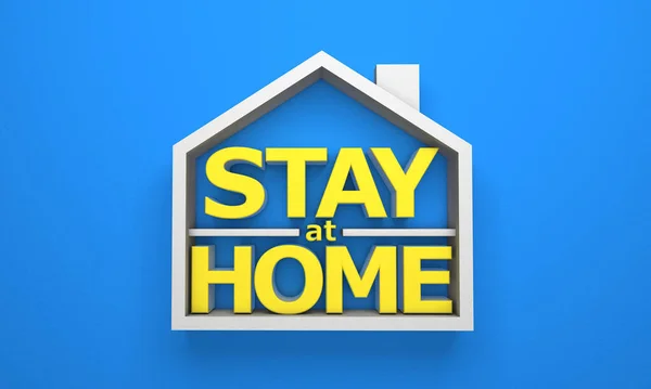 Zostań w domu. Symbol domu i litery na niebieskim tle. 3d renderowanie — Zdjęcie stockowe