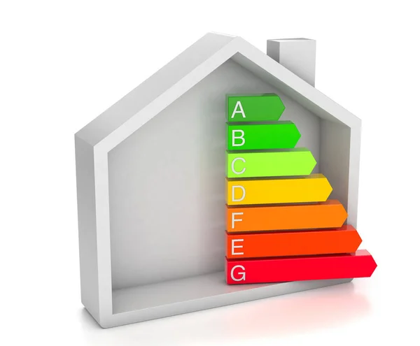 Home energy efficiency rating. House and colored arrows graphics. isolated on white background. 3d render — Stock Photo, Image