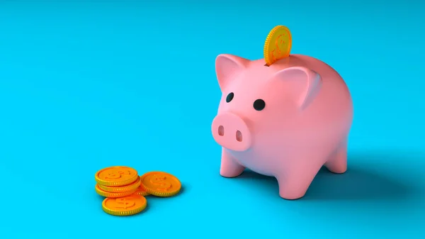 Muntjes vallen in een spaarvarken bank op een blauwe achtergrond. 3d renderen — Stockfoto