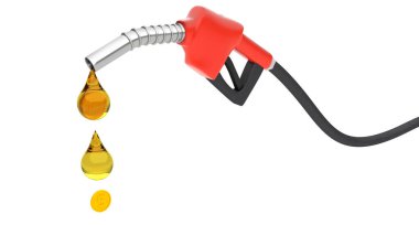 Benzin, dizel yakıt ve altın sikke ile yakıt pompası. Yakıt paradır. Beyaz arka planda izole edilmiş. 3d hazırlayıcı