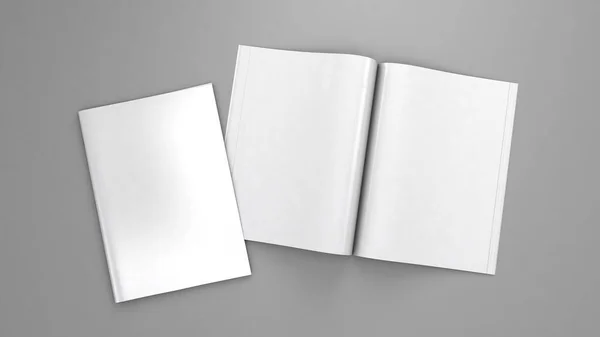 Mockup de revista aberta. Modelo de revista em branco para espaço de cópia. Espaço vazio na cobertura. Fundo cinzento. Renderização 3d — Fotografia de Stock