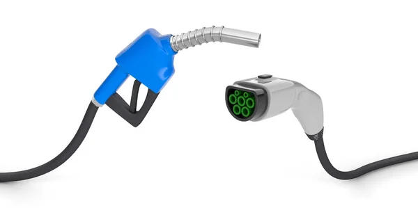 Bomba de combustible y enchufe para cargar vehículos eléctricos. aislado sobre fondo blanco. 3d renderizar — Foto de Stock