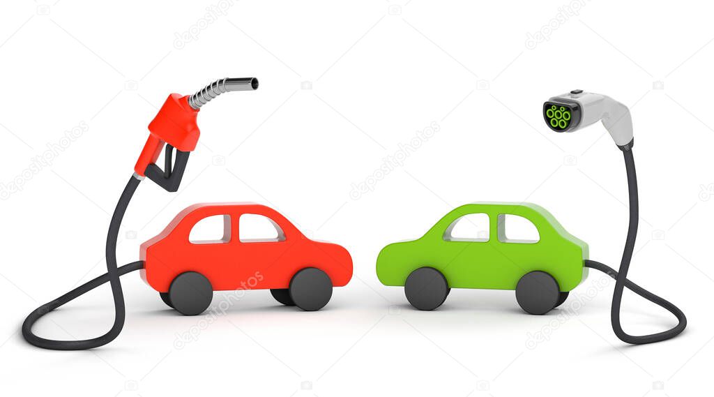 Fuel pump and plug for charging electric vehicles isolated on white background. The concept of comparing fuel for the car. 3d render