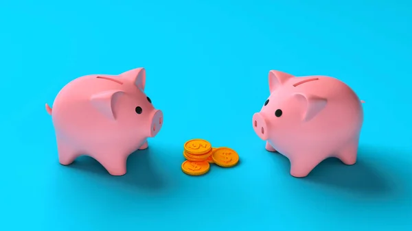 Dois porquinhos perto de uma pilha de moedas. Partilhar lucros em porquinhos. Renderização 3d — Fotografia de Stock