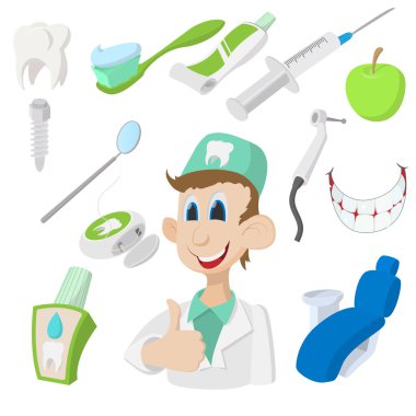 Gülümseyen genç diş hekimi ve diş ekipman simgesi ayarla