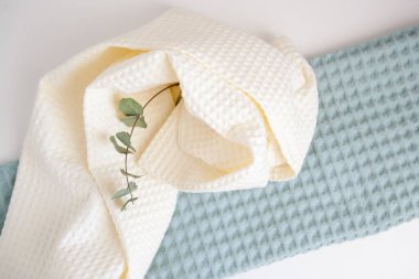 Beyaz ve yeşil havlular, bir okaliptüs dalı. Cilt bakımı, spa