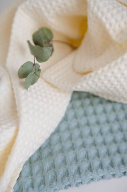 Beyaz ve yeşil havlular, bir okaliptüs dalı. Cilt bakımı, spa