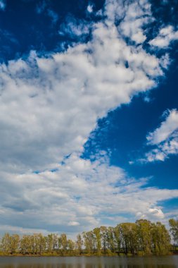Klasik bahar manzarası, sakin bir gölün su yüzeyine yansıyan ağaçlar.