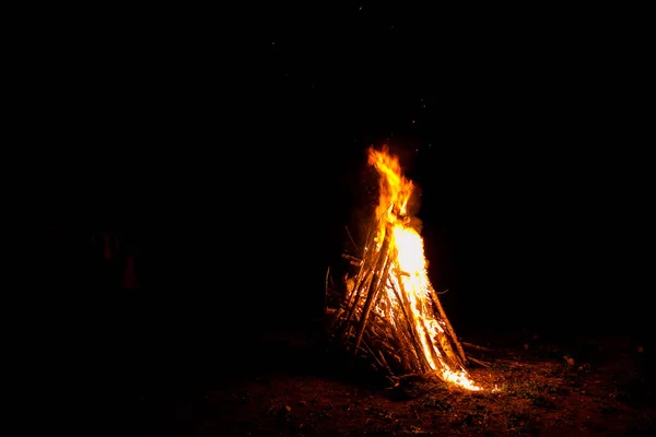 森の暗闇の中で大きな火災が発生し ハイキング中にキャンプファイヤーが起こりました — ストック写真