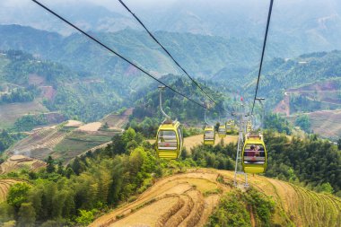 cable car (funicular) above rice terraces landscape in may (Guangxi province, China) clipart