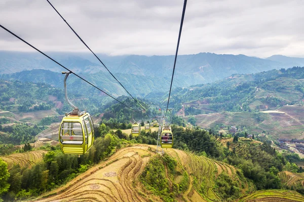 Teleferik (füniküler) yukarıda rice teraslar manzara Mayıs (Guangxi eyaleti, Çin)