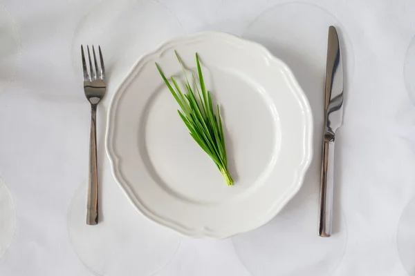Mazzo di erbe fresche su un piatto vuoto con coltello e forchetta — Foto Stock